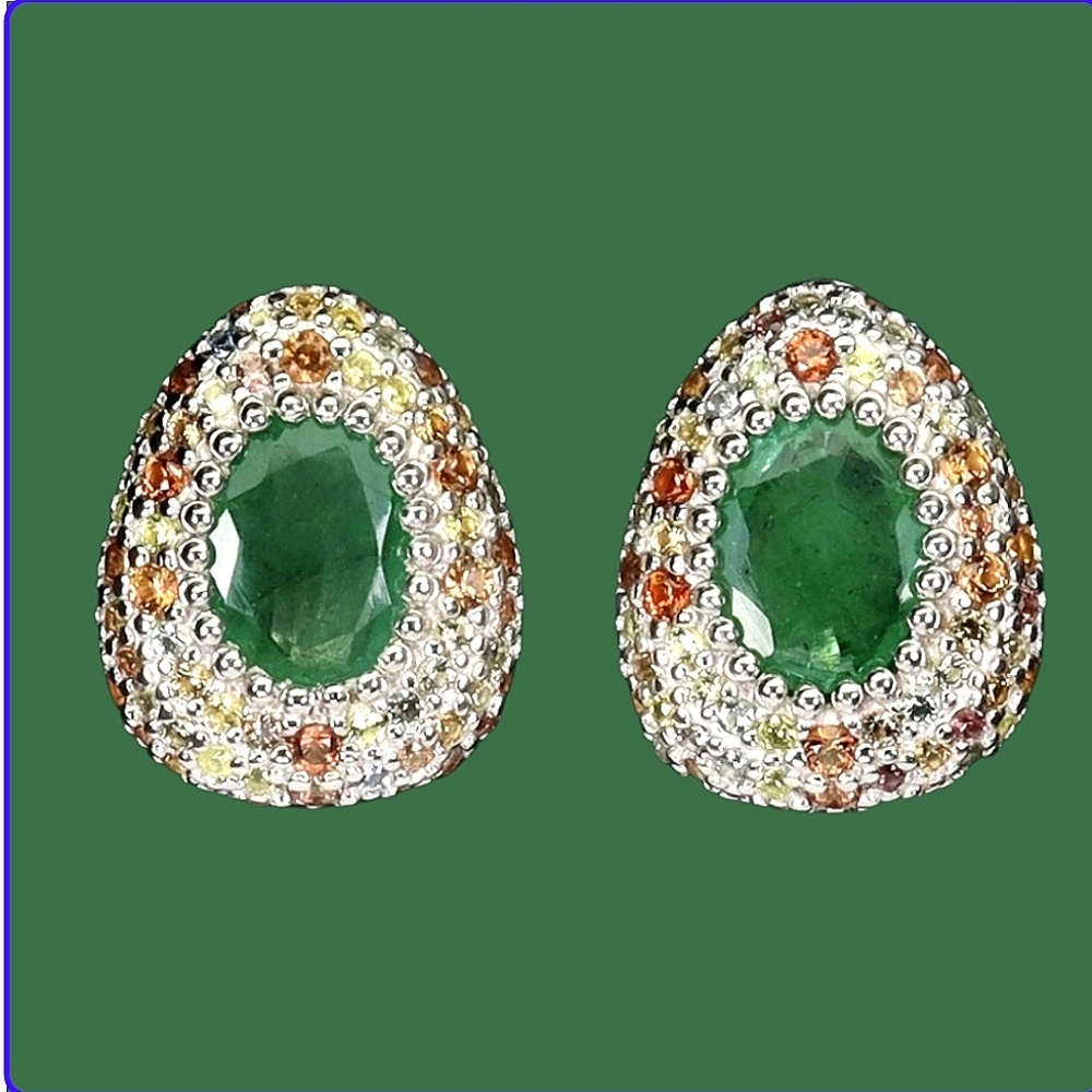 925 Sterling Silver Earrings with Natural Emerald & Sapphire Gems